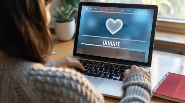 Photo person from behind looking at a laptop screen that has a donate button displayed prominently