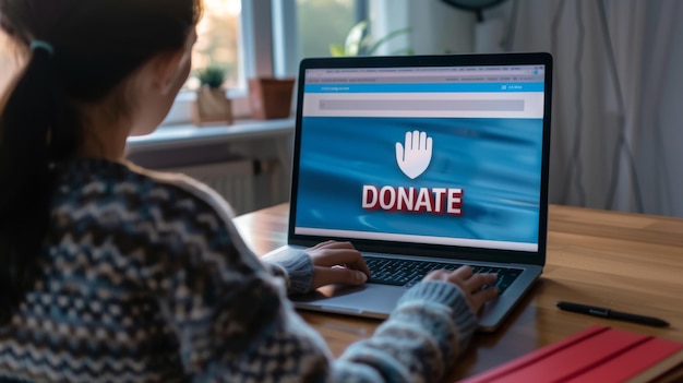 Photo person from behind looking at a laptop screen that has a donate button displayed prominently