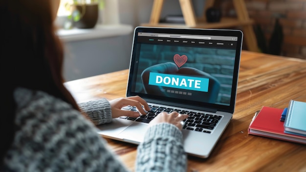 Photo person from behind looking at a laptop screen that has a donate button displayed prominently