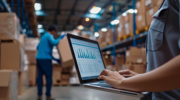 Photo person from behind working on a laptop with charts and data on the screen