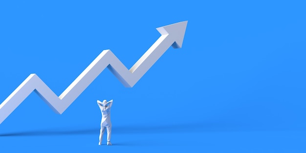 Person in front of upward arrow of earnings. Copy space. 3D illustration.