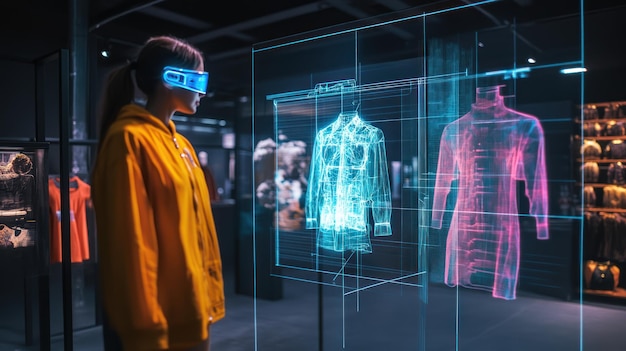 Photo a person in a futuristic environment interacts with holographic clothing displays