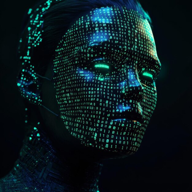 Photo a person in a futuristic mask featuring binary code patterns representing internet privacy