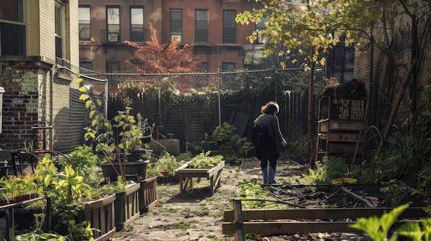 Photo person gardening in small urban backyard garden with plants and bricks