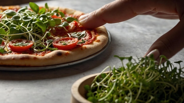 A person garnishing their pizza with fresh microgreens