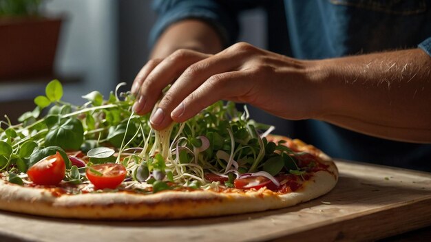 A person garnishing their pizza with fresh microgreens