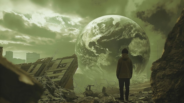 Photo person gazing at earth in destroyed city