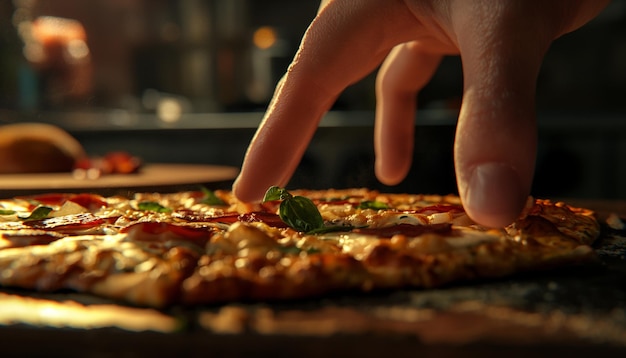 a person getting a piece of delicious cheesy pizza background