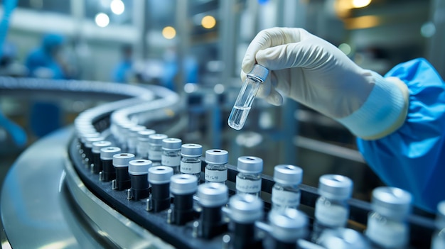 A person in gloves works on a conveyor with bottles