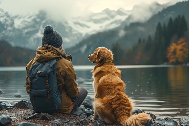 a person and a golden retriever dog sitting side by side on a rocky shore