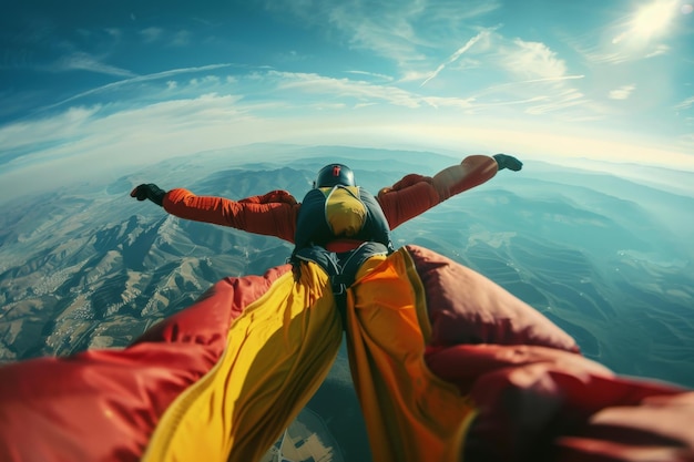 A person gracefully floats in the sky enveloped in a vibrant orange and yellow parachute