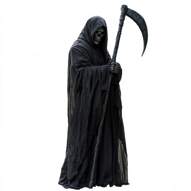 Photo a person in a grim reaper costume holding a plastic scythe with a dramatic pose isolated on transparency background