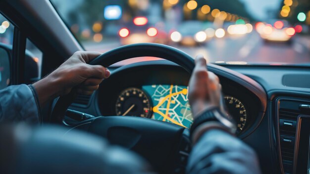 Photo a person grips the steering wheel navigating through a lively city street illuminated by traffic lights and a glowing navigation display