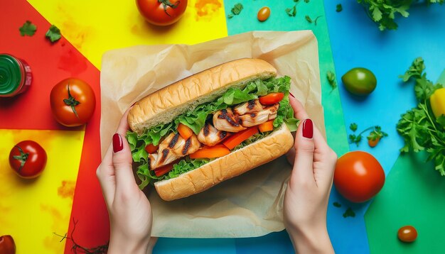 Photo person hand holding sandwich with grilled chicken fresh lettuce and tomatoes served on baking paper