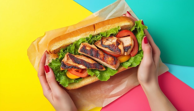 Photo person hand holding sandwich with grilled chicken fresh lettuce and tomatoes served on baking paper