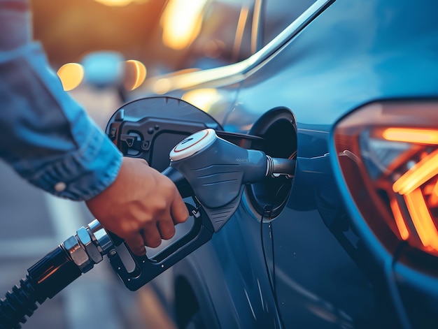 A person hand pumping gasoline fuel or fueling car at gas station Fuel station service fill energy