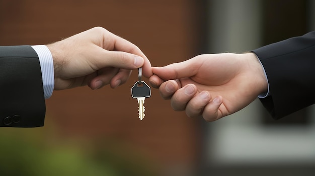 Photo a person hands over a key to another individual during a real estate transaction in an office setting