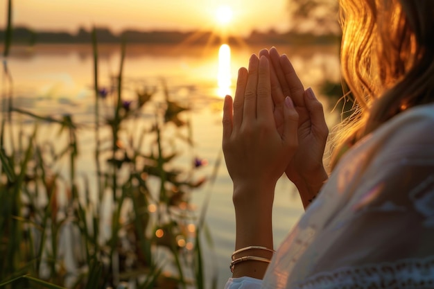 Person hands in prayer with the sun setting over water symbolizing hope and new beginnings