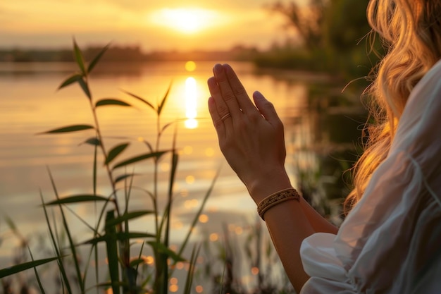 Person hands in prayer with the sun setting over water symbolizing hope and new beginnings