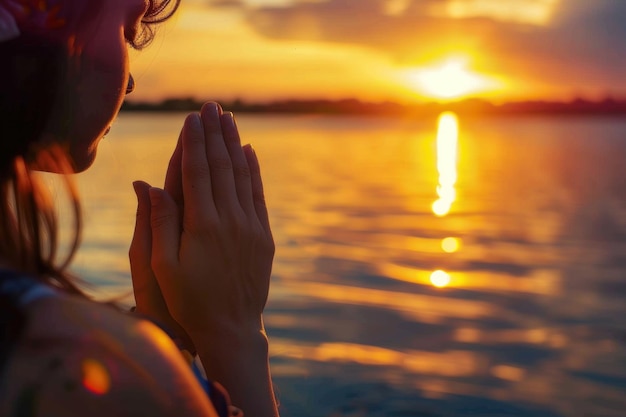 Person hands in prayer with the sun setting over water symbolizing hope and new beginnings