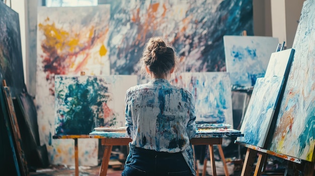 Photo person happily painting in a vibrant art studio surrounded by canvases and paint