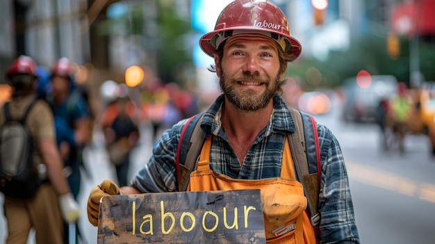 Photo person in a hard hat holding a sign that says labour day in a crowd of people