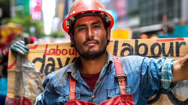 Photo person in a hard hat holding a sign that says labour day in a crowd of people