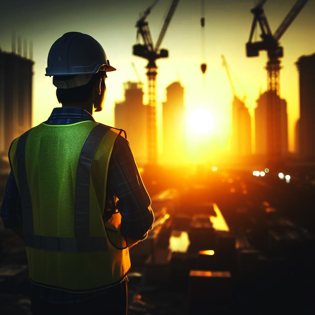 A person in a hard hat and safety vest at a construction site