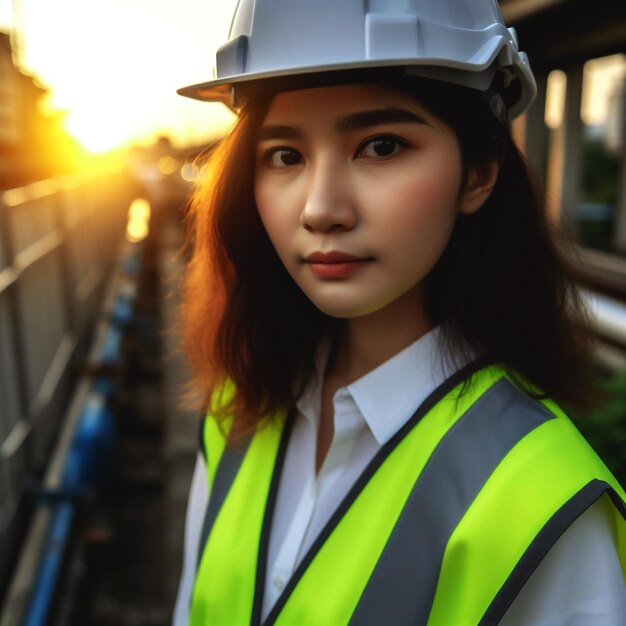 A person in a hard hat and safety vest at a construction site