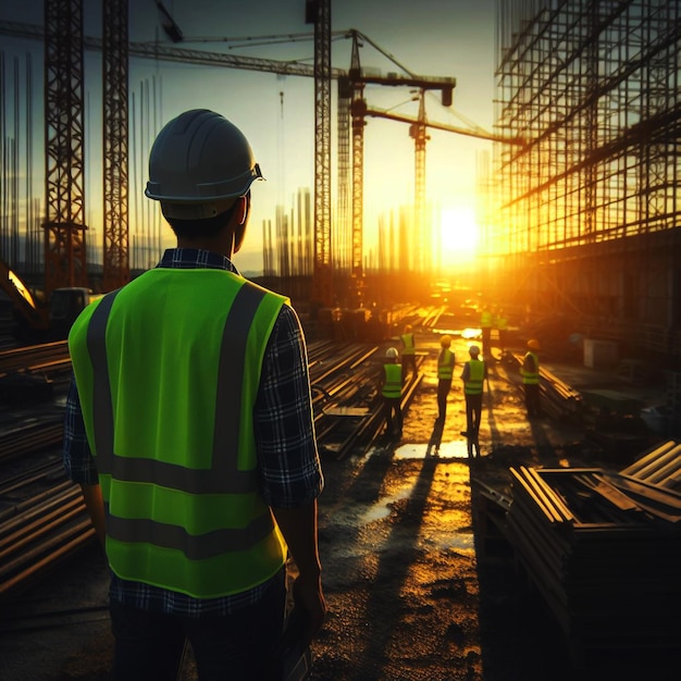 A person in a hard hat and safety vest at a construction site