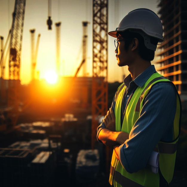 A person in a hard hat and safety vest at a construction site