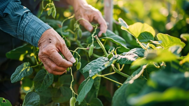 A person harvesting beans from a trellis vibrant green plants