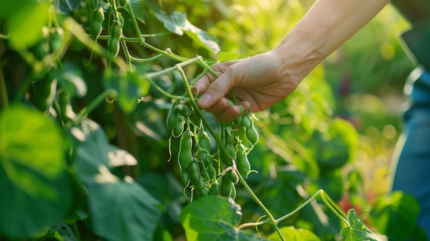 A person harvesting beans from a trellis vibrant green plants