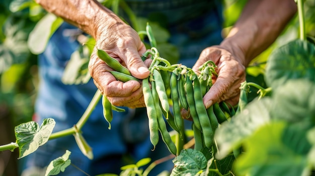 A person harvesting beans from a trellis vibrant green plants