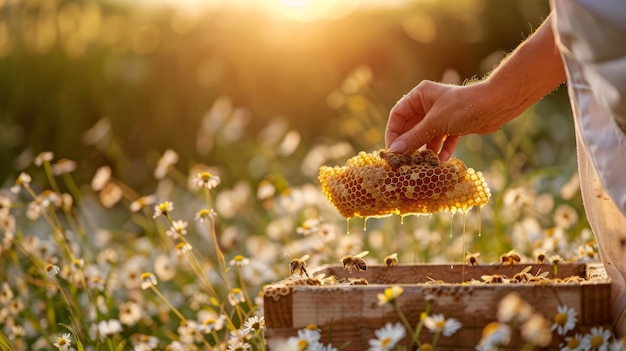 A person harvesting honeycomb from a beehive golden honey