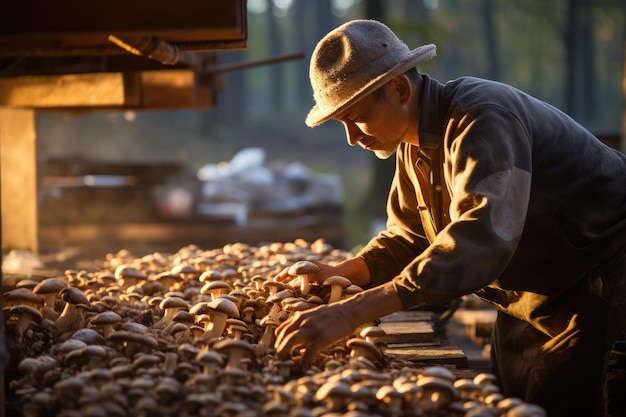 Person harvesting mushrooms in the forest surrounded by mushrooms and natural setting