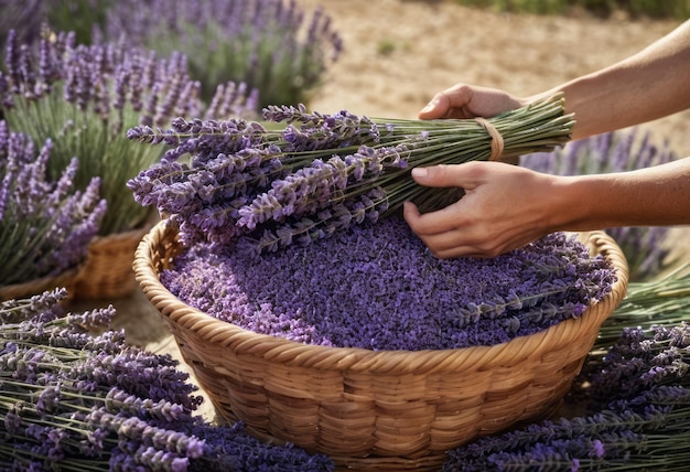 A person harvests lavender into a wicker basket showcasing a bountiful lavender crop