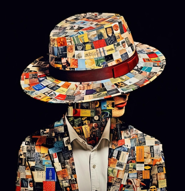 a person hats made of various stickers in the style of abstract collage