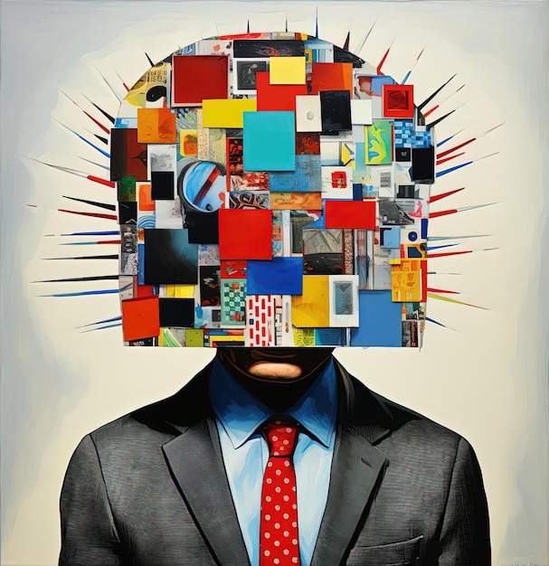 a person in a head covered with pictures in the style of fragmented icons