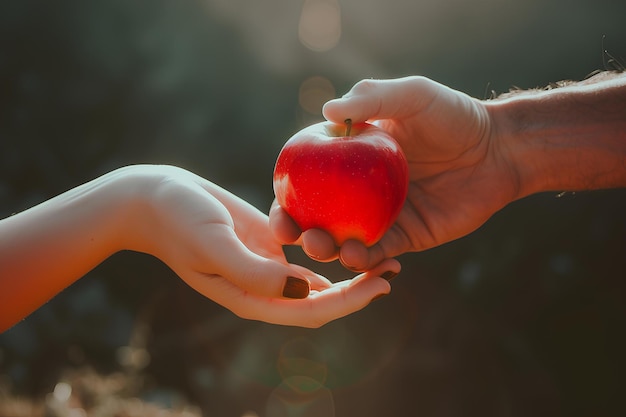 A person holding an apple in their hand with another hand holding it out to each other