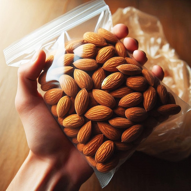 Photo a person holding a bag of almonds that are in a plastic bag