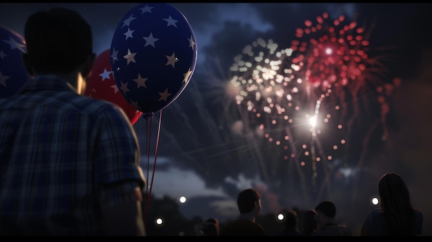 Person holding balloons watches a vibrant fireworks display at a night event Memorial Day