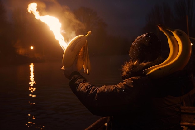 Photo a person holding a banana like a torch leading the way in the dark best picture of banana