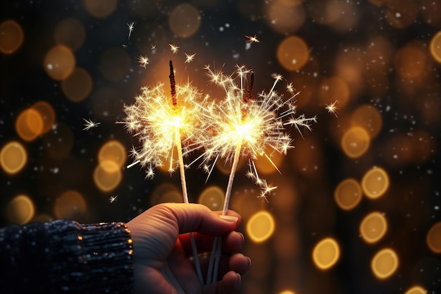 person holding bengal lights or sparklers on a bokeh ackground