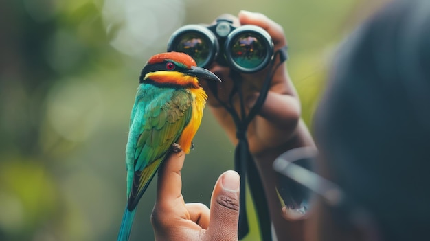 A Person Holding a Bird and Binoculars