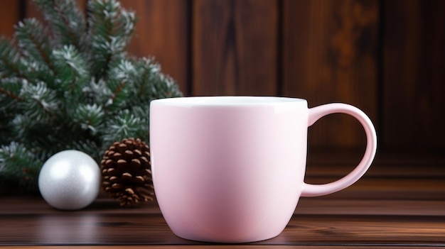 A person holding a blank white mug with a pink handle