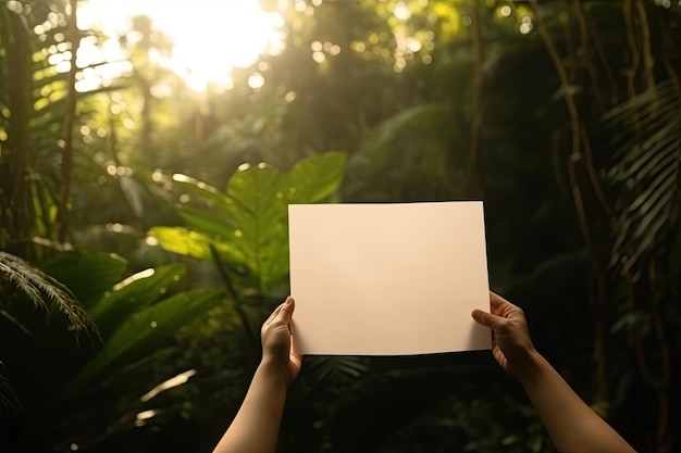 A person holding a blank white paper in a forest