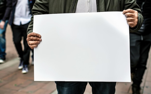 Person holding a blank white placard sign in an urban setting Closeup photography