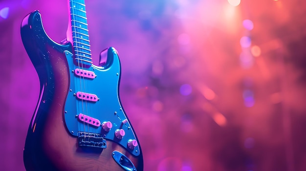 a person holding a blue electric guitar with a pink and blue background