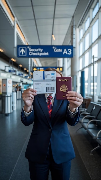 Person holding boarding pass and passport in airport terminal